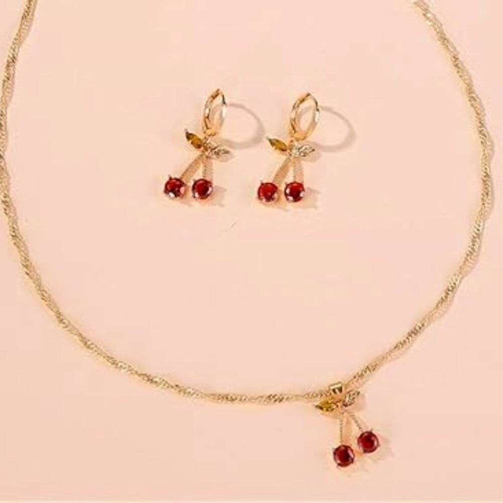 Cherry Red Crystal Necklace Earrings Jewelry Gift Set - Picture 7 of 7